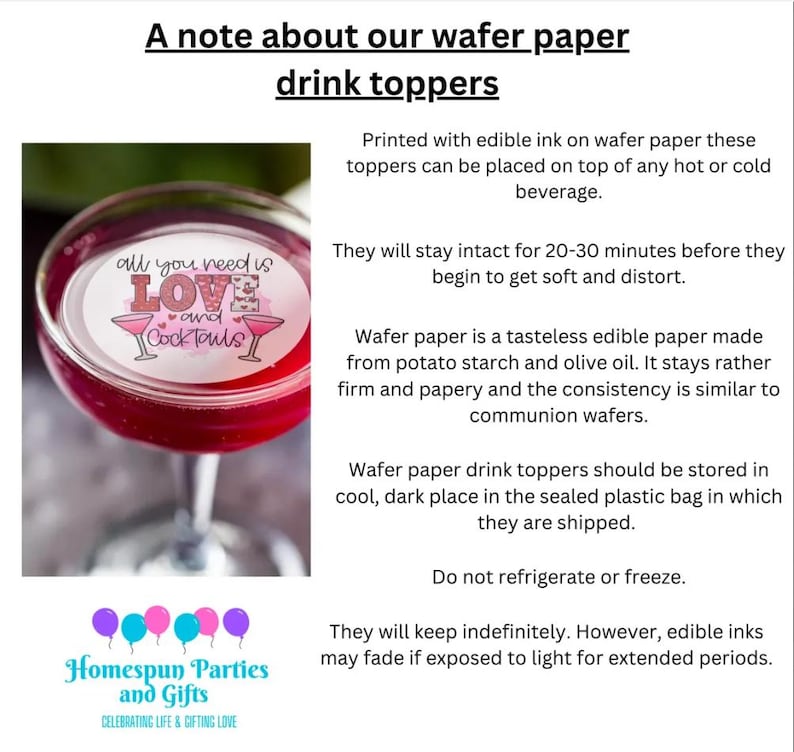 May include: A cocktail glass with a pink beverage and a wafer paper drink topper. The topper reads "all you need is LOVE and Cocktails" with pink cocktail glass illustrations. The image is for Homespun Parties and Gifts.