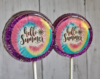 Hello Summer Tie Dye Lollipop, Summer Party Set of 3, Souvenir Lollipops, Edible Image, Custom Wedding Favors, Summer Party Favors, Coastal