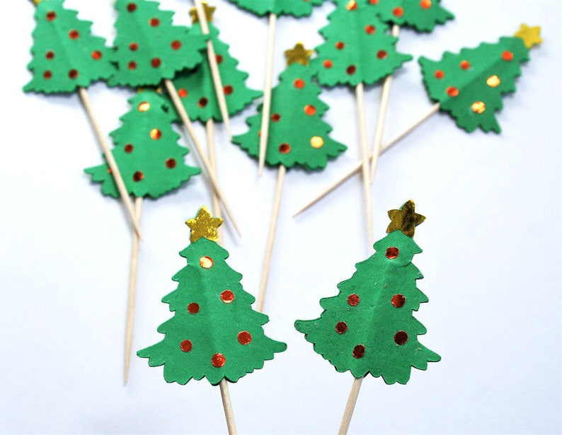 Christmas Tree Cupcake Toppers, Cake Toppers, Set of 12 Christmas Trees, Custom Party Decor, Christmas Party Decor, Winter Wedding Decor image 2