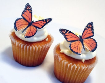 Edible Butterflies Wedding Cake Topper, Orange Monarch Edible Butterflies Set of 12 DIY Cake Decor, Edible Cake Decorations, Cupcake Toppers