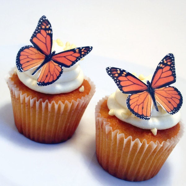 Edible Butterflies Wedding Cake Topper, Orange Monarch Edible Butterflies Set of 12 DIY Cake Decor, Edible Cake Decorations, Cupcake Toppers