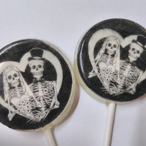 Halloween Wedding Favor Lollipops, Skeleton Bride and Groom Black and White, Set of 6 Edible Image Lollipops, Gothic Wedding, Black Wedding image 2