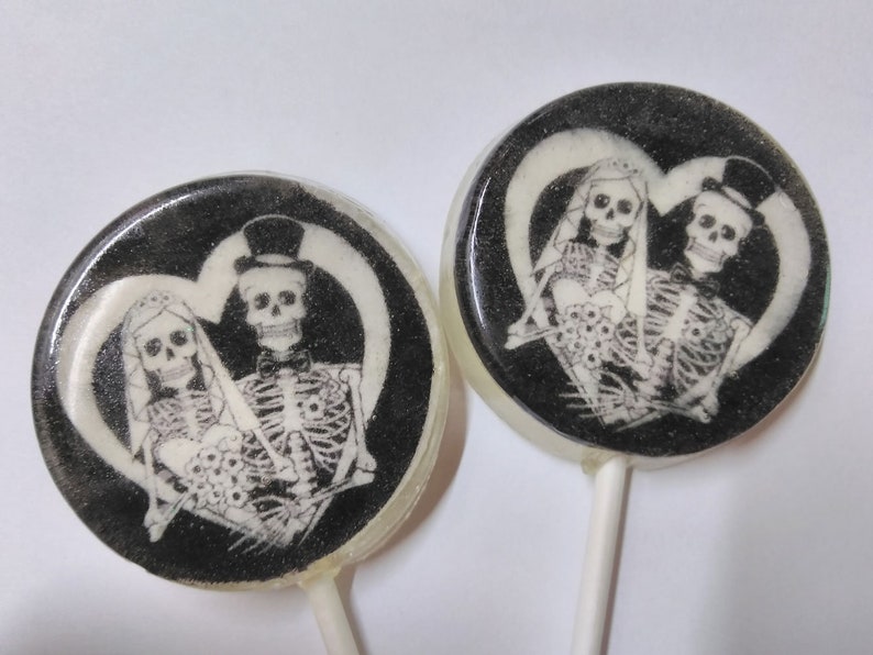 Halloween Wedding Favor Lollipops, Skeleton Bride and Groom Black and White, Set of 6 Edible Image Lollipops, Gothic Wedding, Black Wedding image 2