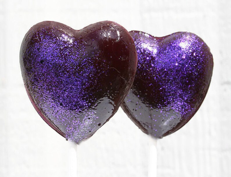 Valentine's Day Black and Purple Hearts Wedding Favor Lollipops, 6 Lollipop Pack Valentine's Day Black Wedding Favors, Purple Wedding Favors image 1