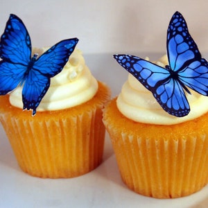 Edible Butterfly Cake Decorations, Blue and Black Edible Butterflies, Set of 12 DIY Cake Decor, Edible Cake Decorations, DIY Wedding Cake image 1