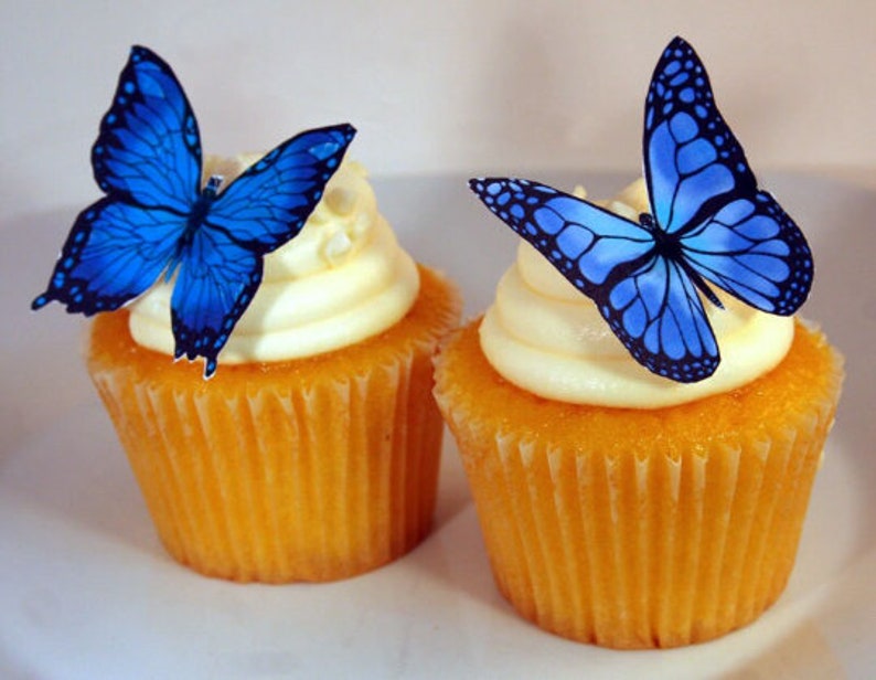Edible Butterfly Cake Decorations, Blue and Black Edible Butterflies, Set of 12 DIY Cake Decor, Edible Cake Decorations, DIY Wedding Cake image 1