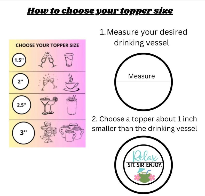 May include: A guide titled "How to choose your topper size" with instructions and illustrations. It shows how to measure a drinking vessel and select a topper about 1 inch smaller. Includes sizes 1.5", 2", 2.5", and 3".