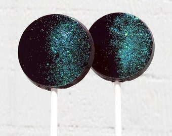 Black and Peacock Wedding Favor Lollipops - Flat Round  with Edible Glitter  6 Lollipop Pack - Wedding Favors, Party Favors, Black Tie Event