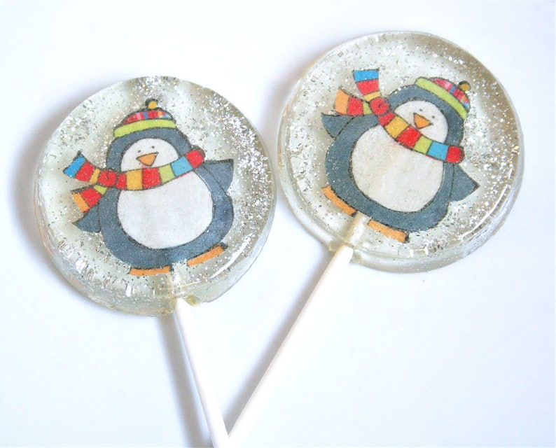 Christmas Party Favor Lollipops, Winter Penguin Party Favors, 6 Edible Image Lollipops, Christmas Favors Lollipops, Winter Wedding Favors image 1