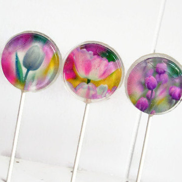 Tulips Wedding Favor Lollipops Pink, Purple, Yellow, White, Green Set of 50, Edible Image Lollipops, Summer Wedding Favors, Summer Party