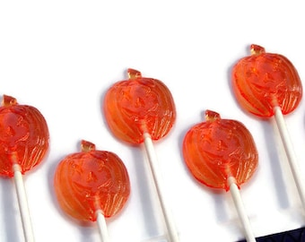 Halloween Jack-O-Lantern Lollipops - Orange or Pumpkin Flavor Hard Candy - 6 Lollipop Pack - Cake Decorations, Wedding Favors, Party Favors