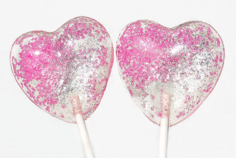 Valentine's Day Pink and Silver Hearts Wedding Favor Lollipops, Set of 6, Valentine's Day Candy, Pink Wedding Favors, Silver Wedding Favors image 1