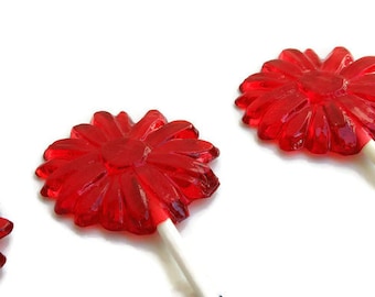 Flower Lollipop Party Favors - Red Daisy Flowers Red Strawberry Flavor  - 3 Lollipop Pack -  Cake Decorations, Wedding Favors, Party Favors