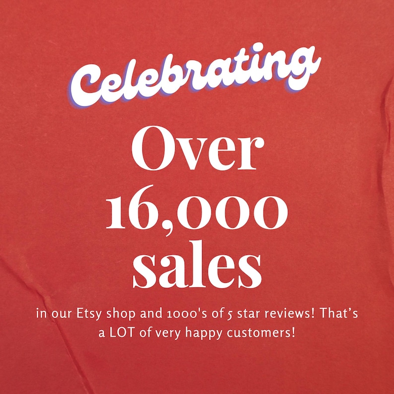 May include: Red background with the words "Celebrating Over 16,000 sales" in white and blue text. The text below reads "in our Etsy shop and 1000's of 5 star reviews! That's a LOT of very happy customers!"