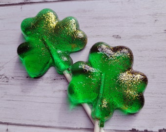 Green and Gold Shamrocks Wedding Favor Lollipops - St Patricks Day Hard Candy with Edible Glitter - 10 Lollipop Pack - Celtic Wedding Favors