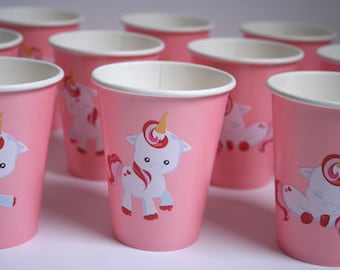 Unicorn Party Cups, Paper Party Cups, Set of 12 Pink Unicorn Cups, Unicorn Birthday, Custom Party Decor, Unicorn Party Favors, Baby Decor