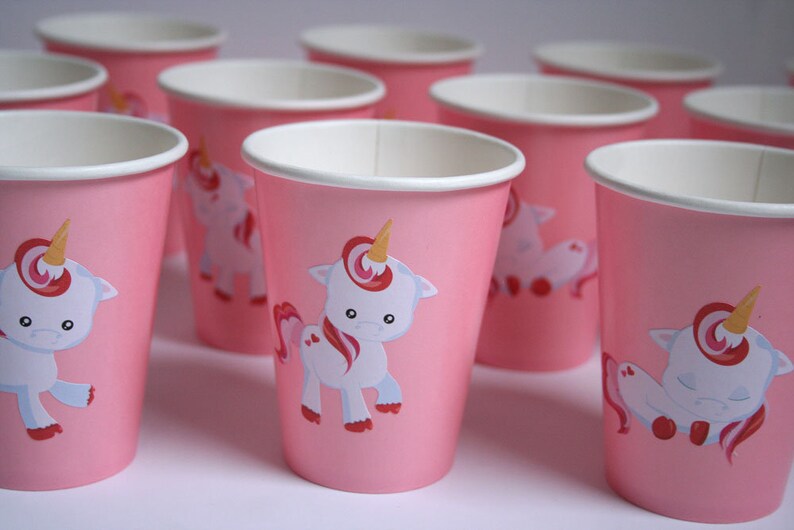 Unicorn Party Cups, Paper Party Cups, Set of 12 Pink Unicorn Cups, Unicorn Birthday, Custom Party Decor, Unicorn Party Favors, Baby Decor image 1