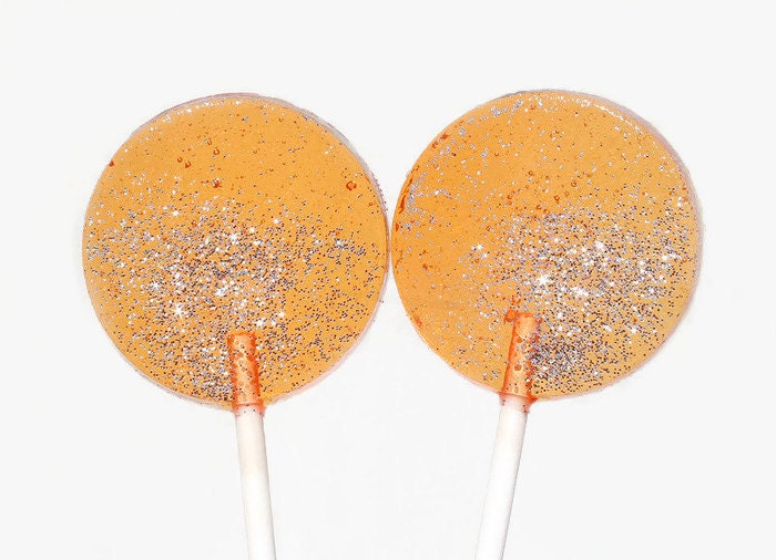 Orange and Silver Wedding Favor Lollipops Round with Edible Glitter 6…