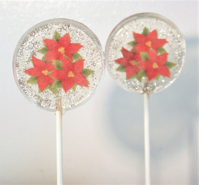 Christmas Party Favor Lollipops, Christmas Poinsetta Party Favors, 6 Edible Image Lollipops Christmas Favors Lollipops Winter Wedding Favors image 2