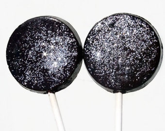 New Years Eve Wedding Favor Lollipops Black and Silver  with Edible Glitter 16 Lollipop Pack  Wedding Favors, Party Favors, Black Tie Event
