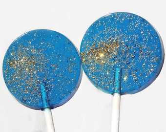 Blaue und goldene Hochzeitsbevorzugungs-Lutscher - Flache Runde mit essbarem Glitzer 30 Lollipop-Packung Blaue Hochzeitsbevorzugungen, Gastgeschenke, Black Tie Event