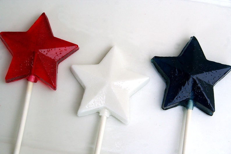 Red, White and Blue Patriotic Stars Wedding Favors 15 Lollipop Pack Hard Candy Gems 4th of July Favors, Patriotic Wedding Favors image 2