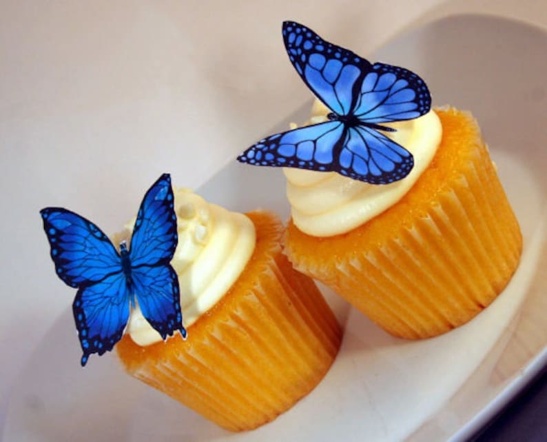 Edible Butterfly Cake Decorations, Blue and Black Edible Butterflies, Set of 12 DIY Cake Decor, Edible Cake Decorations, DIY Wedding Cake image 2