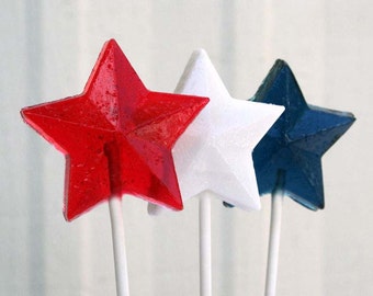 Red, White and Blue Patriotic Stars Wedding Favors - 15 Lollipop Pack - Hard Candy Gems - 4th of July Favors, Patriotic Wedding Favors