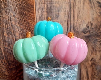 3D Pastel Pumpkin Lollipops, 4 Lollipop Set, Halloween Party Decorations and Candy, Thanksgiving and Fall Decor and Party Supplies