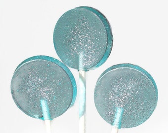 Light Aqua Blue and Silver Wedding Favor Lollipops - Flat Round  with Edible Glitter  - 30 Lollipop Pack - Wedding Favors, Party Favors