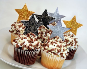 New Year's Eve Cupcake Toppers, Cake Toppers, Set of 12 Black, Gold and Silver Stars, Custom Party Decor, NYE Decor, Stars Cupcake Toppers