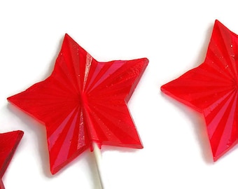 Red Stars Lollipops - Large Faceted Hard Candy Stars - 6 Lollipop Pack -  Wedding Favors, New Years Eve Party