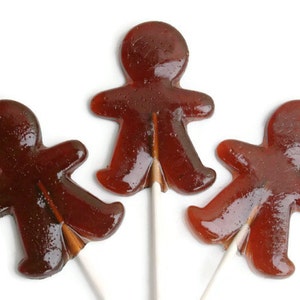 Gingerbread Men Lollipops Holiday Hard Candy Gingerbread, Root Beer or Butterscotch Flavor 5 Lollipop Pack Wedding Favors image 1