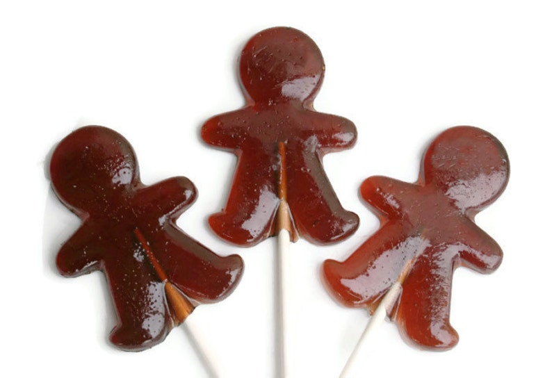 Gingerbread Men Lollipops Holiday Hard Candy Gingerbread, Root Beer or Butterscotch Flavor 5 Lollipop Pack Wedding Favors image 1