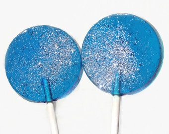 Blue and Silver  Lollipops - Flat Round Hard Candy with Edible Glitter  - 6 Lollipop Pack - Cake Decorations, Wedding Favors, Party Favors