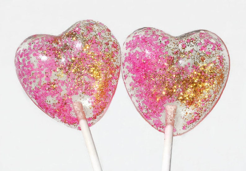 Valentine's Day Pink and Gold Hearts Wedding Favor Lollipops, Set of 6, Valentine's Day Candy, Pink Wedding Favors, Gold Wedding Favors image 1