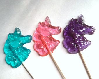 Unicorn Lollipops with Silver Glitter in Various Colors, Princess Hard Candy, 6 Lollipop Pack, Birthday Party, Wedding Favors, Party Favors