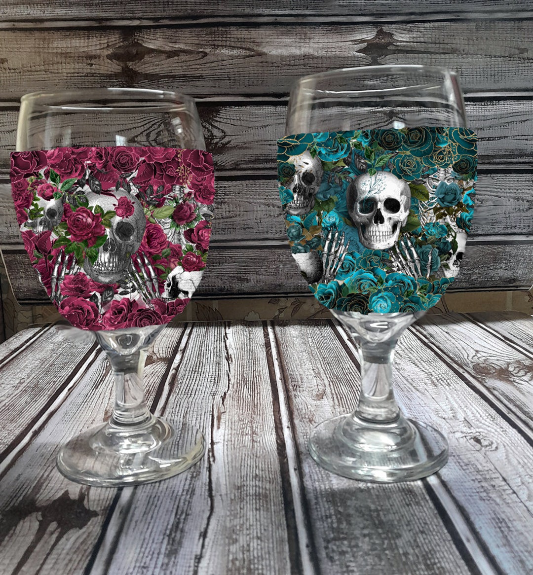 Skull and Roses Wine Glass Koozie, the Original Woozies, No More Sweaty
