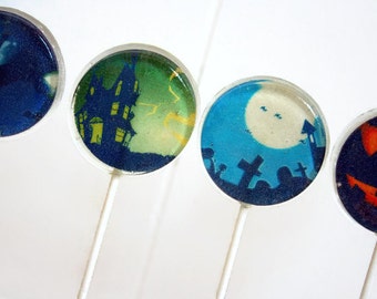 Halloween Party Wedding Favor Lollipops, Haunted House, Ghosts, graveyards and Jack-o-Lanterns, Set of 8, Edible Image Lollipops, Halloween