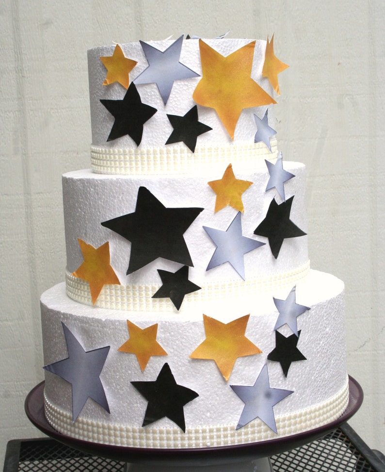 Edible Stars Cake Decorations, New Years Eve Cake Decorations, Set of 24 DIY Cake Decor, Edible Cake Decorations, NYE Wedding Black and gold image 1