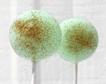 Mint and Gold Wedding Favor Lollipops - Flat Round  with Edible Glitter  6 Lollipop Pack Mint Wedding Favors, Party Favors, Black Tie Event