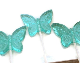 Light Aqua Blue Butterfly Lollipops - Hard Candy Lollipops  - 4 Lollipop Pack -  Cake Decorations, Wedding Favors, Party Favors