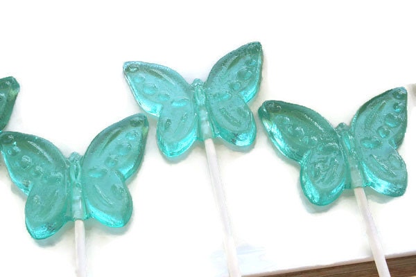 Light Aqua Blue Butterfly Lollipops - Hard Candy Lollipops  - 4 Lollipop Pack -  Cake Decorations, Wedding Favors, Party Favors