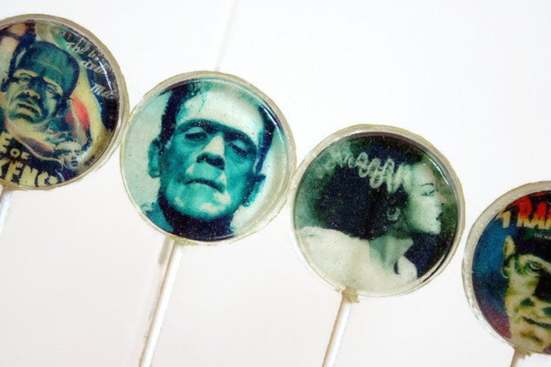 Halloween Party Wedding Favor Lollipops, Frankenstein Bride of Frankenstein, Set of 8, Edible Image Lollipops, Halloween Wedding, Custom image 1