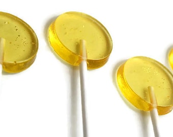 Yellow Wedding Favor Lollipops - Flat Round Hard Candy Lollipops - 6 Lollipop Pack - Cake Decorations, Yellow Wedding Favors, Party Favors