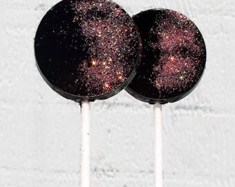 Black and Coral Wedding Favor Lollipops - Flat Round  with Edible Glitter  6 Lollipop Pack - Wedding Favors, Party Favors, Black Tie Event