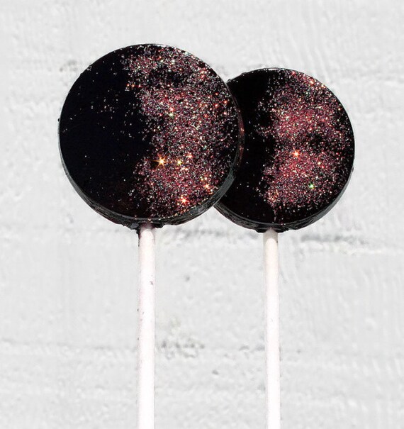 Black and Coral Wedding Favor Lollipops - Flat Round  with Edible Glitter  6 Lollipop Pack - Wedding Favors, Party Favors, Black Tie Event