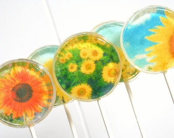 Sunflower Wedding Favor Lollipops Yellow, Blue, Orange, White, Green Set of 50, Edible Image Lollipops, Summer Wedding Favors, Summer Party