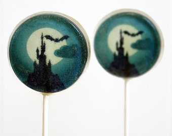 Halloween Wedding Favor Lollipops, Haunted Castle Favors Bats Set of 6 Edible Image Lollipops, Halloween Party Favors, Haunted House Favors