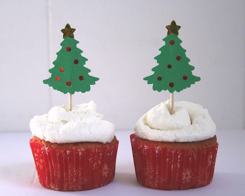 Christmas Tree Cupcake Toppers, Cake Toppers, Set of 12 Christmas Trees, Custom Party Decor, Christmas Party Decor, Winter Wedding Decor image 1